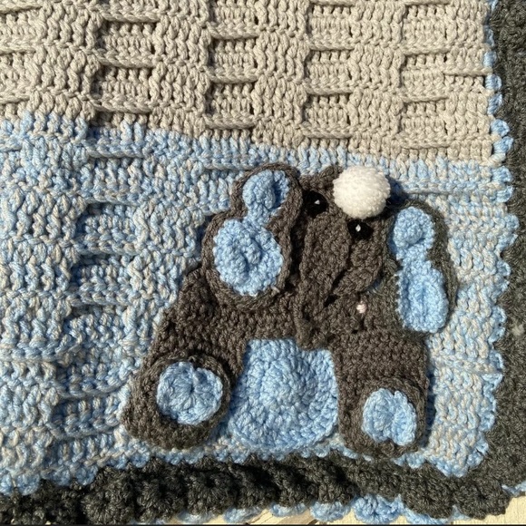 Crochet Blue Baby and Gray Elephant Blanket - Picture 3 of 5